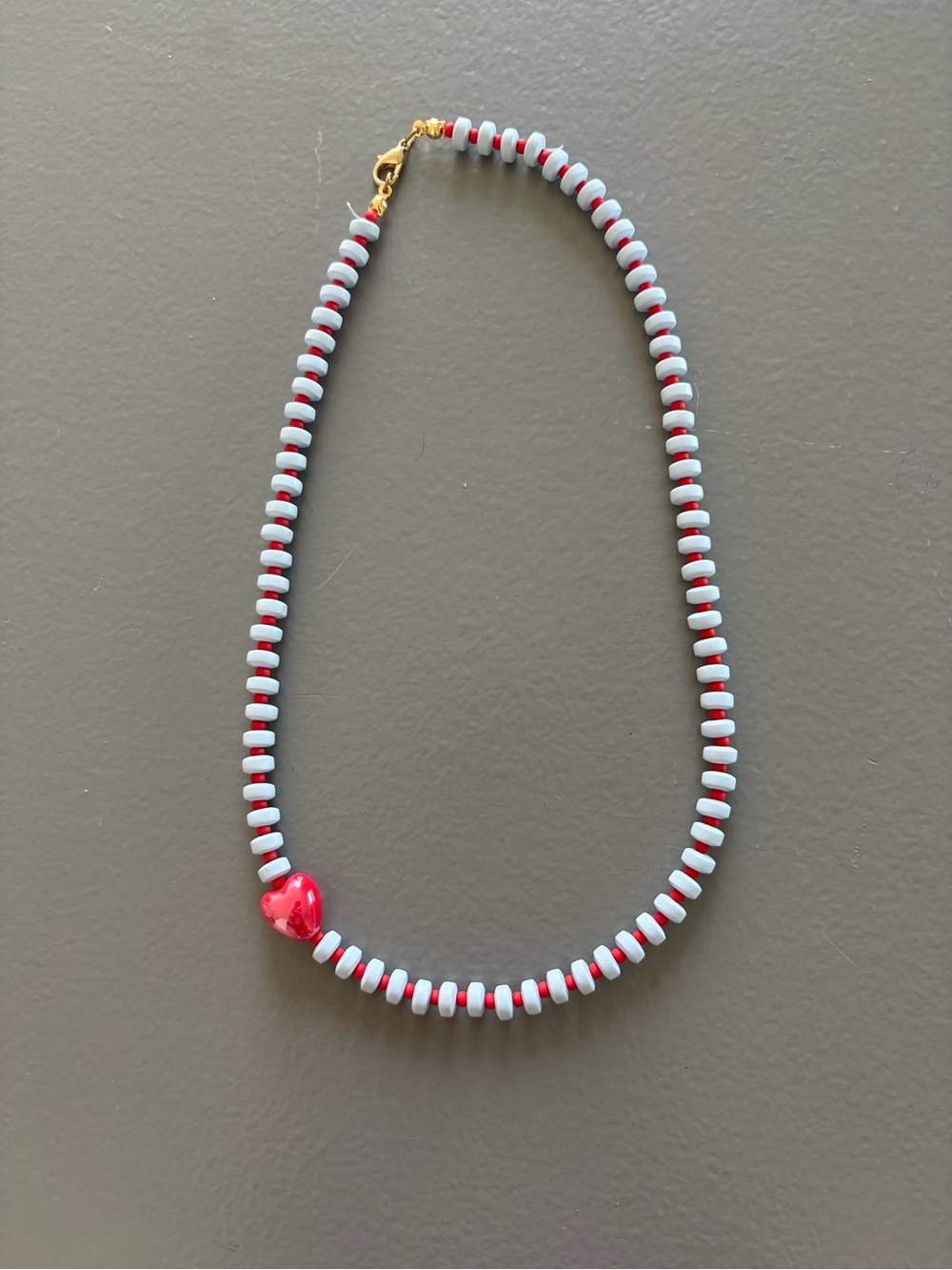 Red Heart Beaded Necklace with Baby Blue and Red Beads